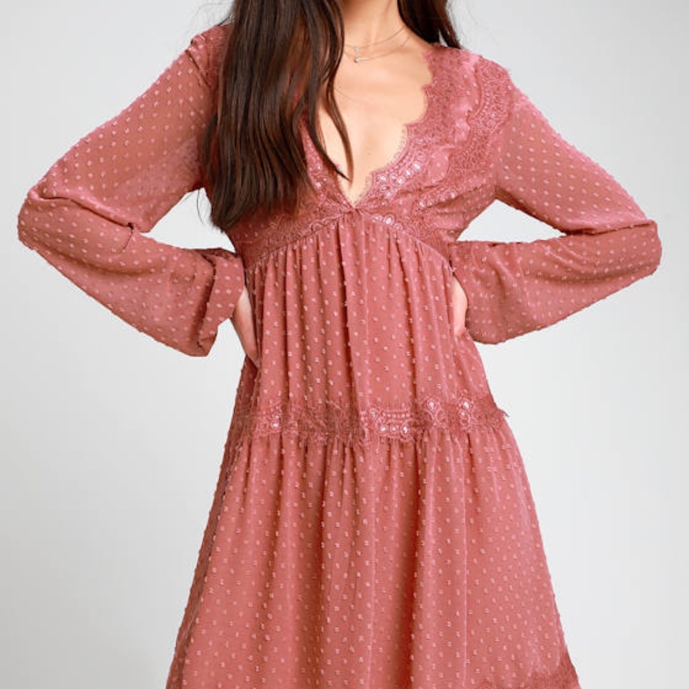 Lulus Wistful Moment Rusty Rose Swiss Dot Long Sleeve Dress Pink - Size S